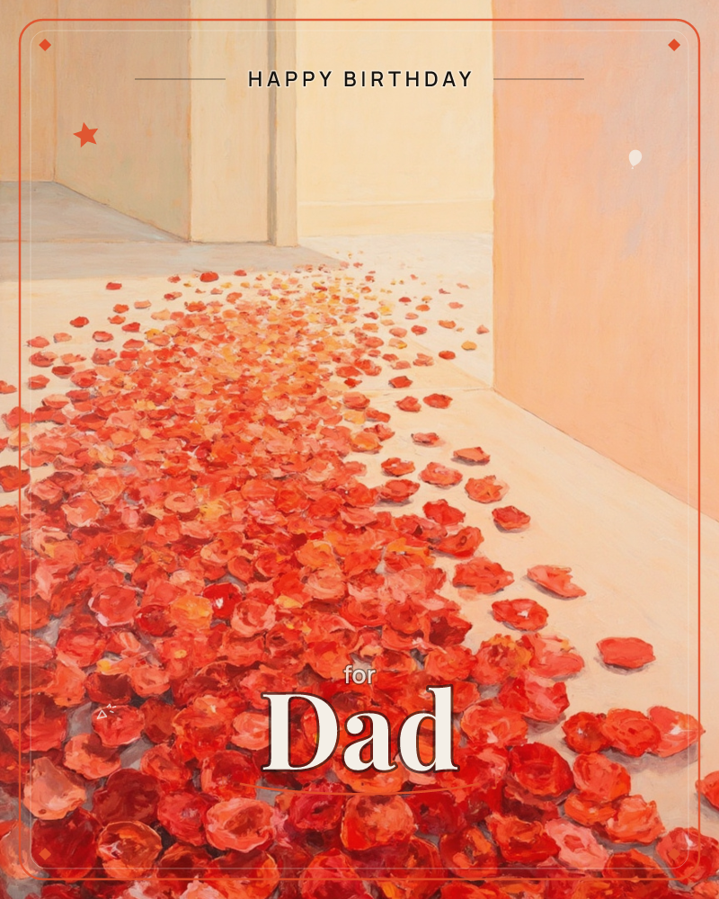 A river of red and orange petals spills across a pale stone floor, flowing through a quiet passage between softly lit walls in cream and blush pink, a birthday e-card design