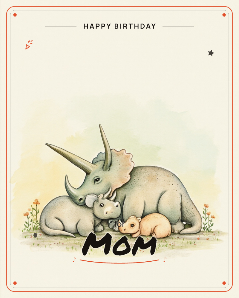 A watercolour triceratops family rests together on a wildflower meadow, a large grey parent curled protectively around two smaller hatchlings, one pale…, a birthday e-card design