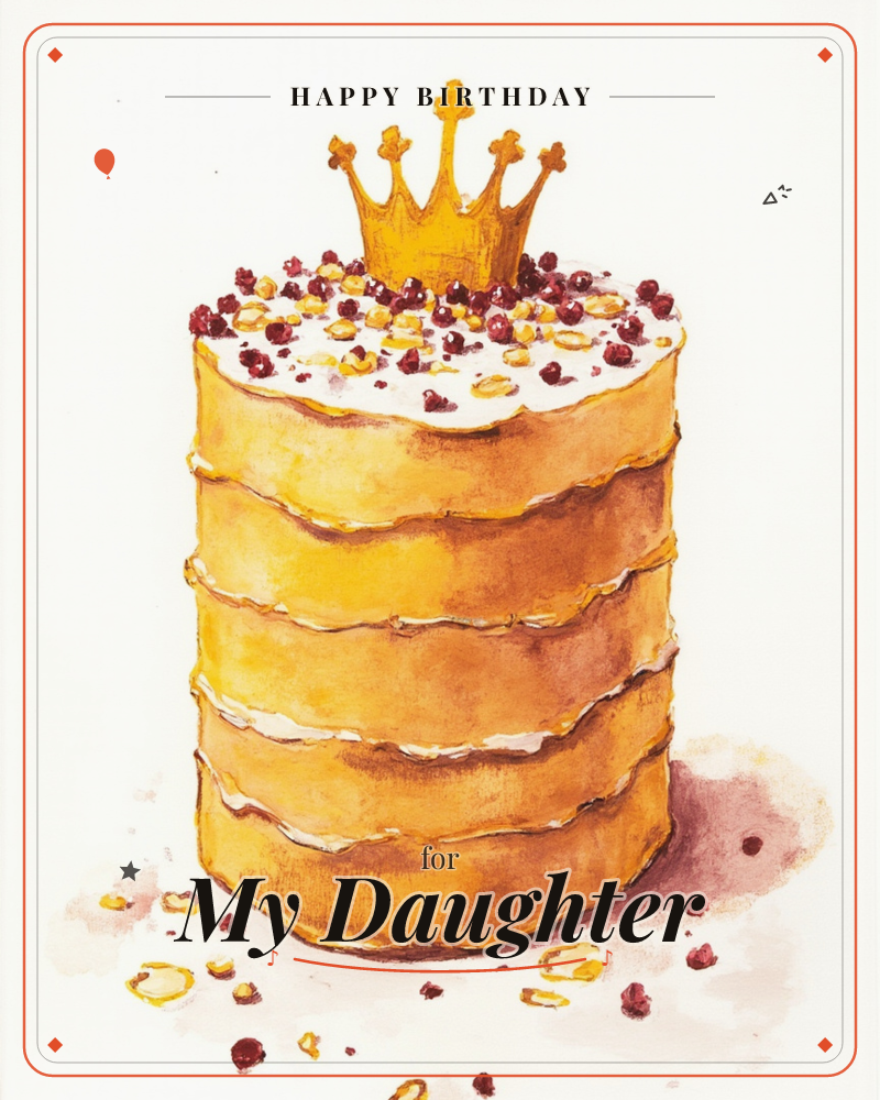 A tall layered cake stands against a plain cream background, its golden sponge tiers thinly iced between them and topped with a swirl of white frosting, a birthday e-card design