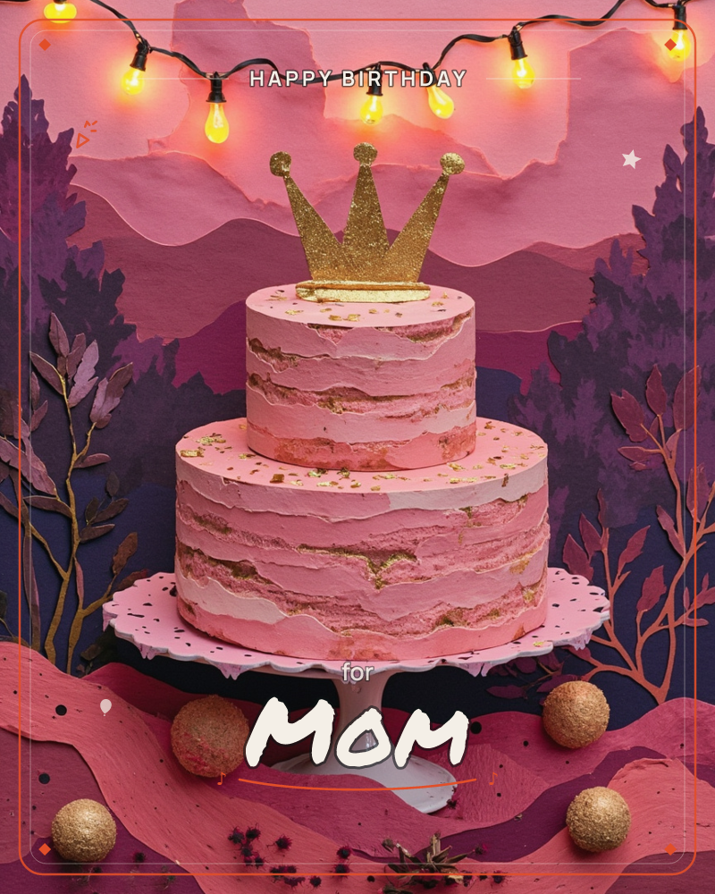 A two-tiered pink buttercream cake with a glittering gold crown on top sits on a white pedestal stand, set against a layered paper-craft backdrop of…, a birthday e-card design