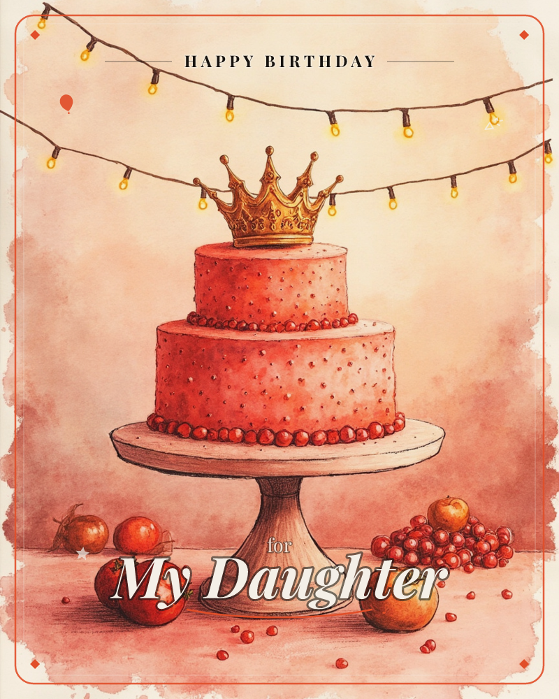 A two-tiered pink cake sits on a pedestal stand, topped with a small gold crown and studded with tiny red berries, a birthday e-card design