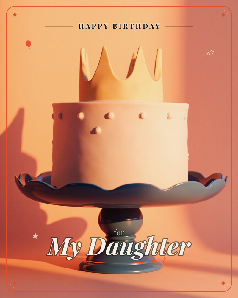 A single-tier pink cake sits topped with a golden crown, its frosting studded with small dots, presented on a scalloped blue-grey cake stand against a…, a birthday e-card design