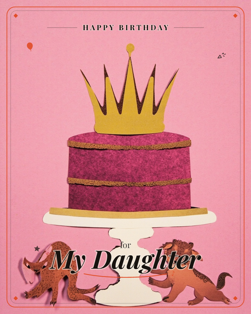 A cut-paper magenta layer cake sits on a white pedestal stand, topped with a spiky gold crown, all set against a flat pink background, a birthday e-card design