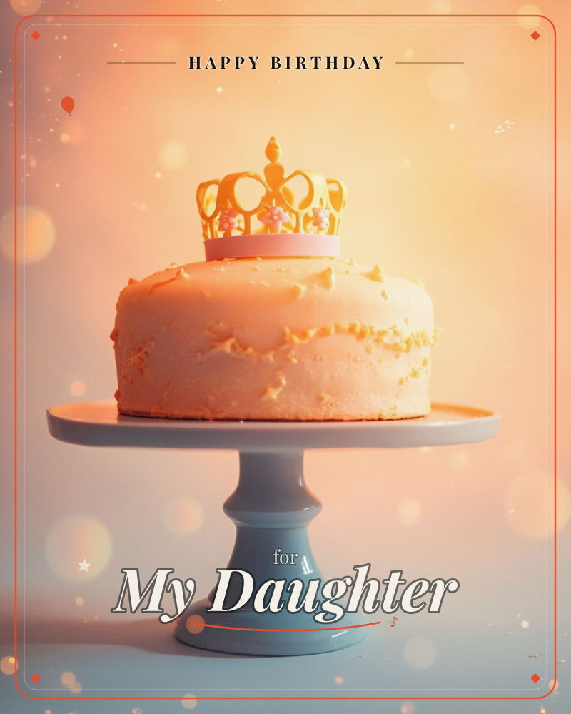 A single-tier cake with pale frosting and a scatter of small gold star-shaped sprinkles sits on a soft blue pedestal stand, topped with a glossy gold…, a birthday e-card design
