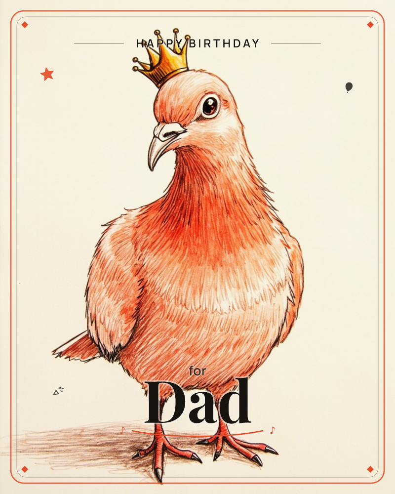 A plump orange-red pigeon stands centre stage wearing a small gold crown, its round body rendered in dense pen and coloured pencil hatching, a birthday e-card design