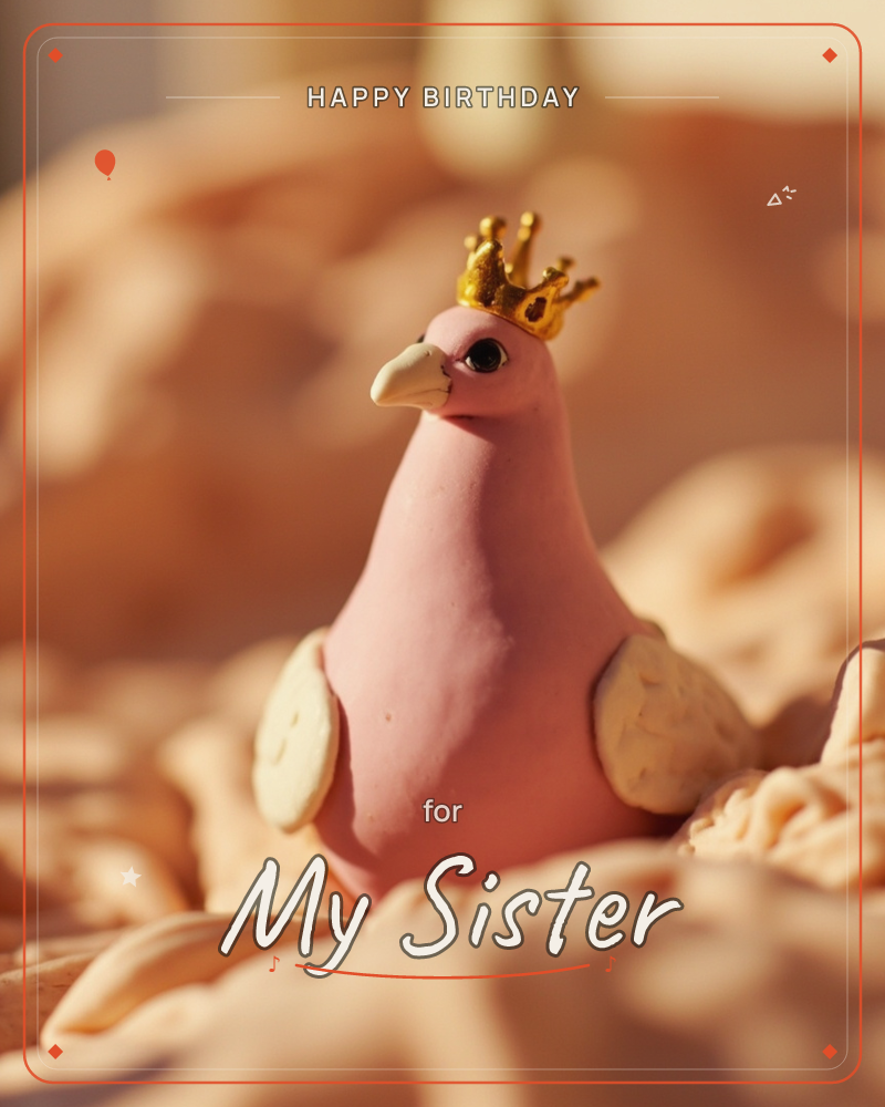 A small clay figurine of a plump pink bird wears a tiny gold crown, perched among soft, cream-toned folds that look almost like dough or fabric, a birthday e-card design
