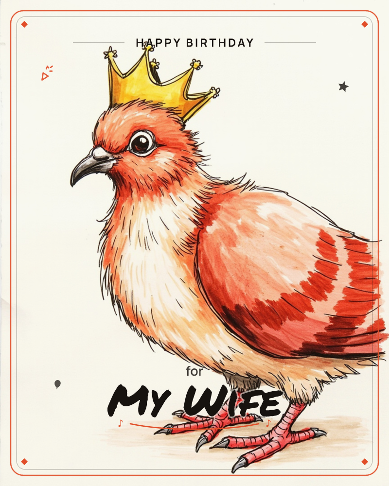 An illustrated pigeon in warm shades of red and orange stands proudly wearing a golden crown, set against a softly vignetted cream background, a birthday e-card design