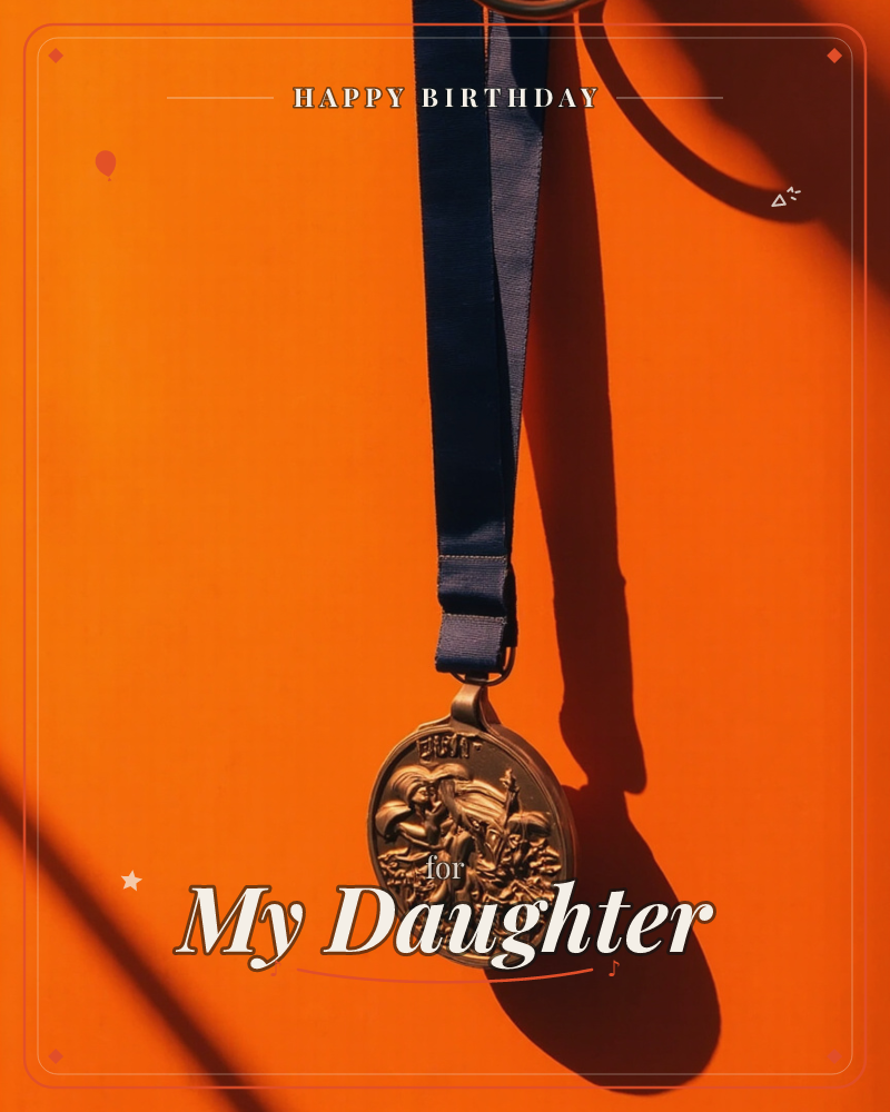 A round medal engraved with a running figure hangs from a navy ribbon against a bold orange wall, hard sunlight throwing sharp diagonal shadows across…, a birthday e-card design
