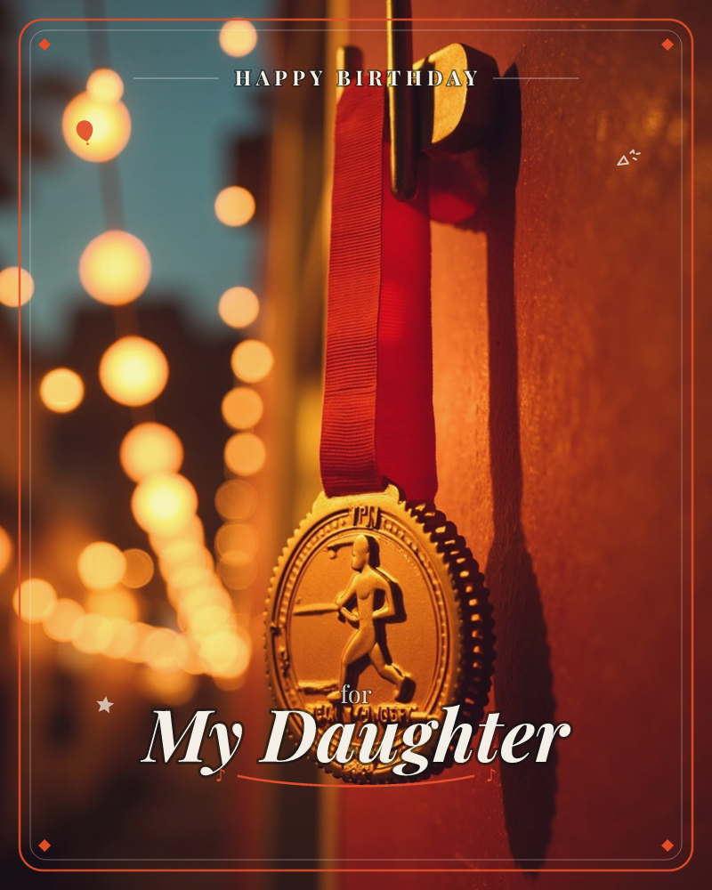 A gold running medal hangs from a red ribbon against a warm terracotta wall, strings of string lights glowing softly out of focus in the background, a birthday e-card design