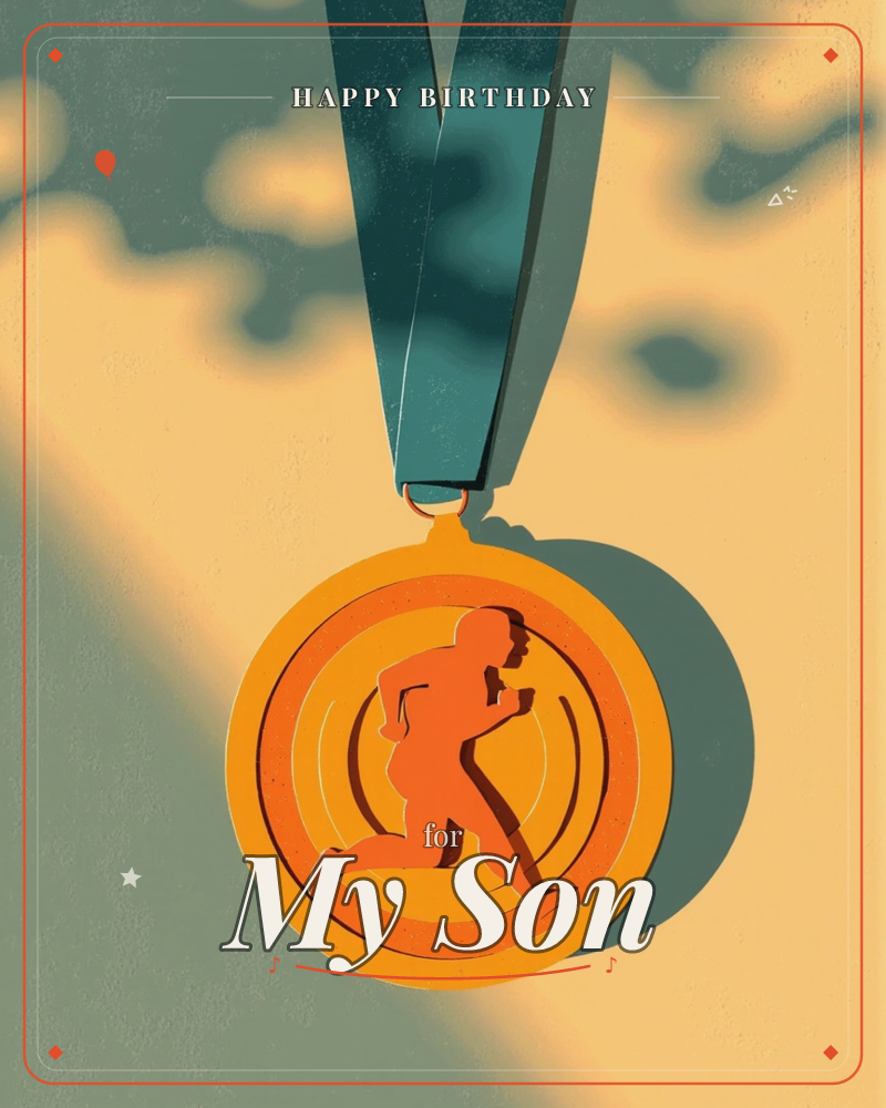 A gold medal hangs from a teal ribbon against a warm mustard wall, dappled with the shifting shadow of leaves overhead, a birthday e-card design