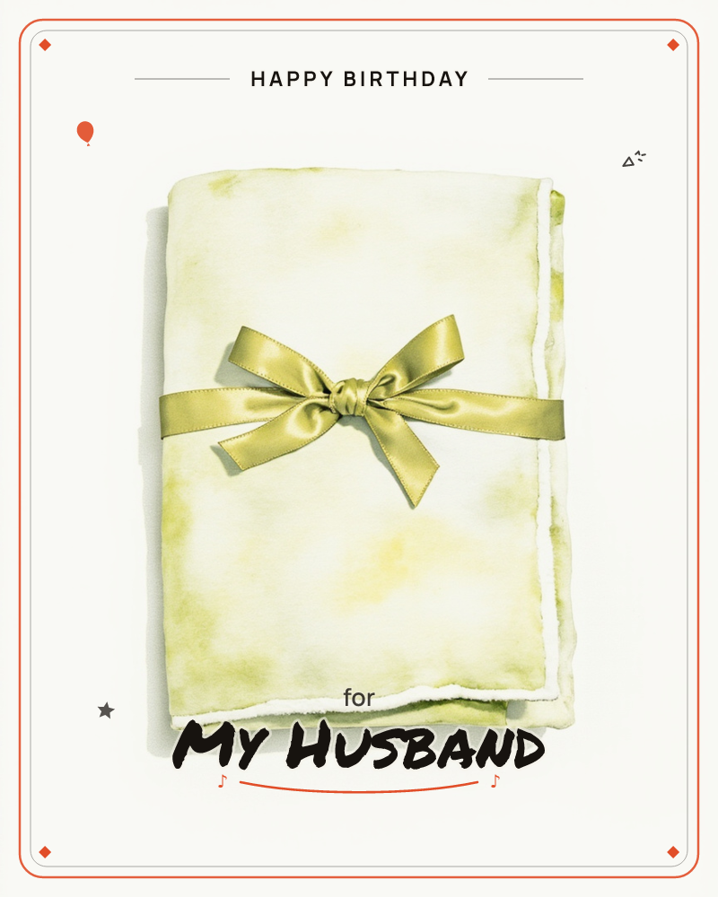 A softly folded blanket in cream and pale chartreuse, mottled like a gentle watercolour wash, is tied with a glossy olive-gold satin ribbon knotted…, a birthday e-card design