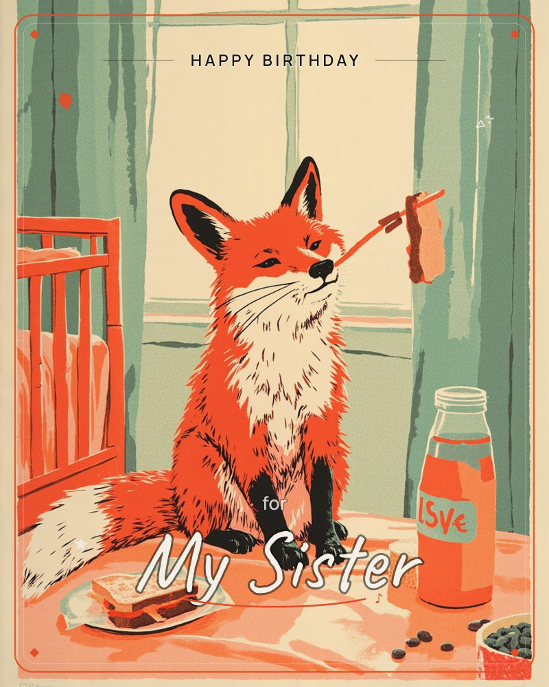 A stylised fox sits at a table by a curtained window, holding half a sandwich delicately in its mouth while a jar labelled 'love' and a plate of crusts…, a birthday e-card design