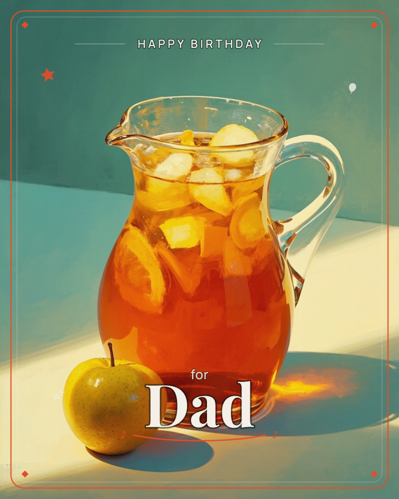 A glass pitcher of amber iced tea, filled with lemon and apple slices, sits in bright sunlight against a teal wall, a birthday e-card design