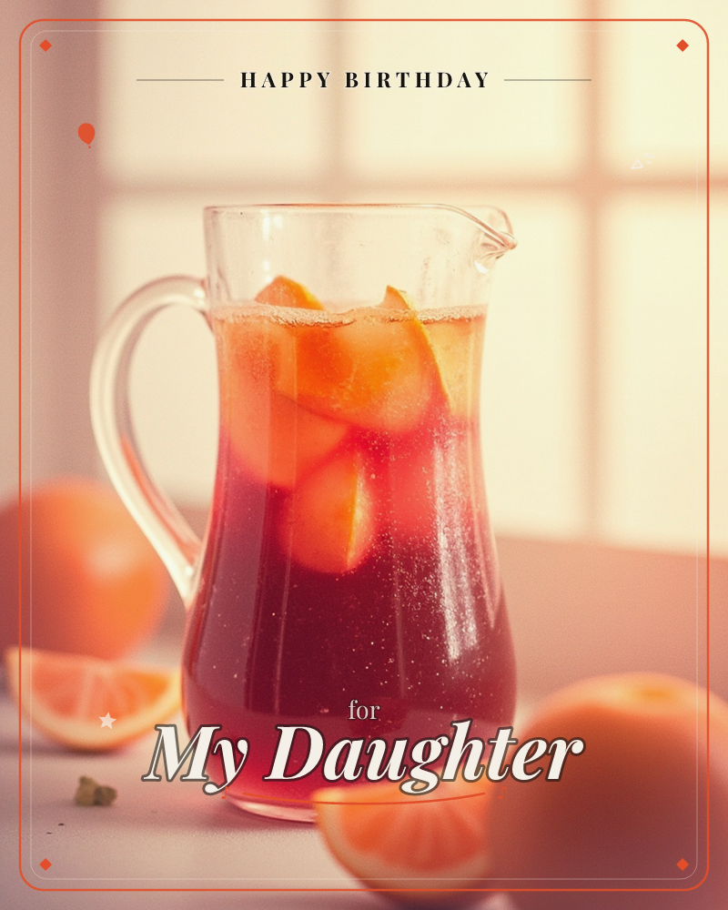 A glass pitcher of ruby-red sangria sits on a sunlit windowsill, orange slices floating near the surface and whole oranges scattered around its base, a birthday e-card design