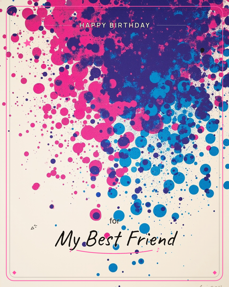 A burst of paint-splatter dots in hot pink, deep blue and violet scatters across a cream background, dense and overlapping at the top before thinning…, a birthday e-card design