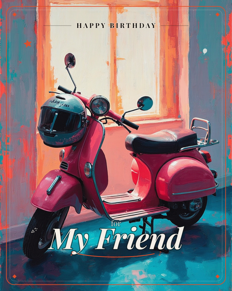 A pink scooter stands parked indoors before a large window flooded with warm orange light, a helmet hanging from its handlebars, a birthday e-card design