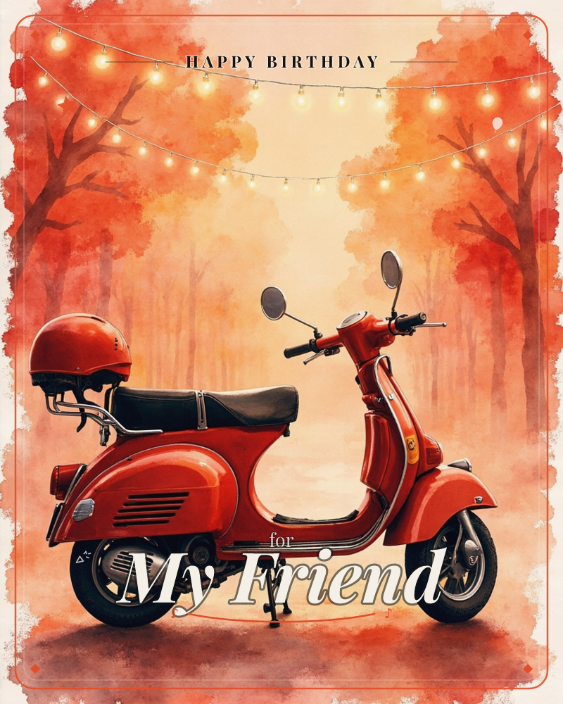 A glossy red scooter with a matching helmet perched on its rack stands parked beneath a canopy of autumn trees strung with warm fairy lights, a birthday e-card design