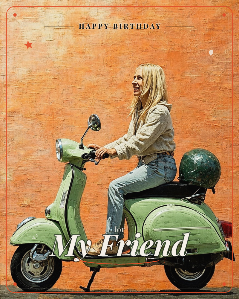 A woman with long blonde hair sits laughing on a mint-green vintage scooter parked against a richly textured burnt-orange wall, a birthday e-card design