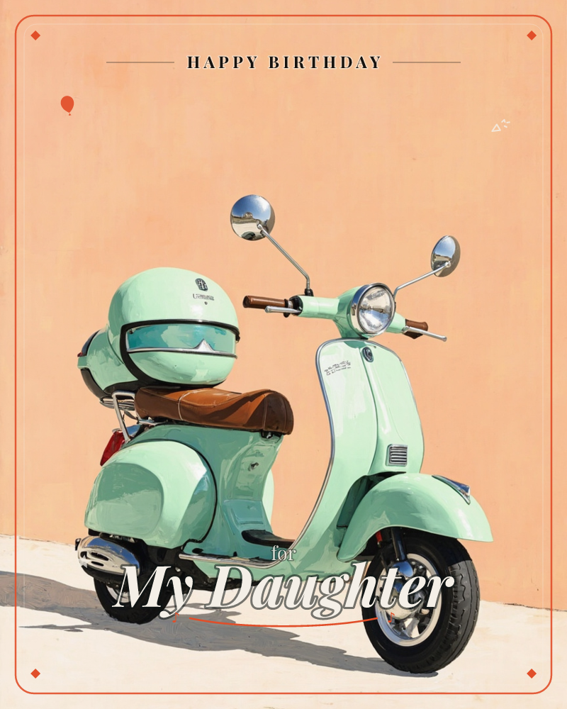 A mint-green vintage scooter sits parked against a warm peach wall, its matching helmet resting on the back seat and chrome mirrors catching the light, a birthday e-card design