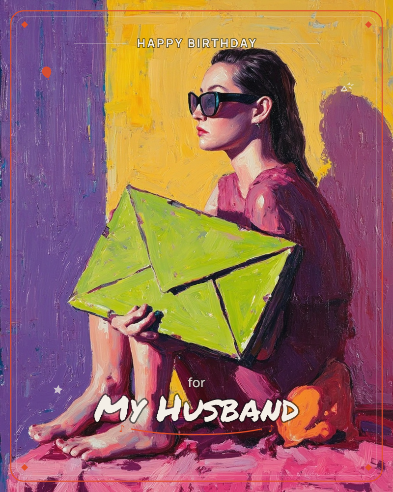A woman in dark sunglasses and a maroon dress sits barefoot against a bold purple and yellow backdrop, holding a large lime-green envelope close to her…, a birthday e-card design