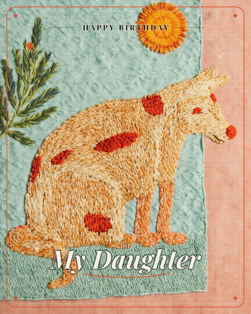 An embroidered dog with rust-red patches sits in profile against a sage-green stitched panel, a spiky fern frond to one side and a stitched orange sun…, a birthday e-card design