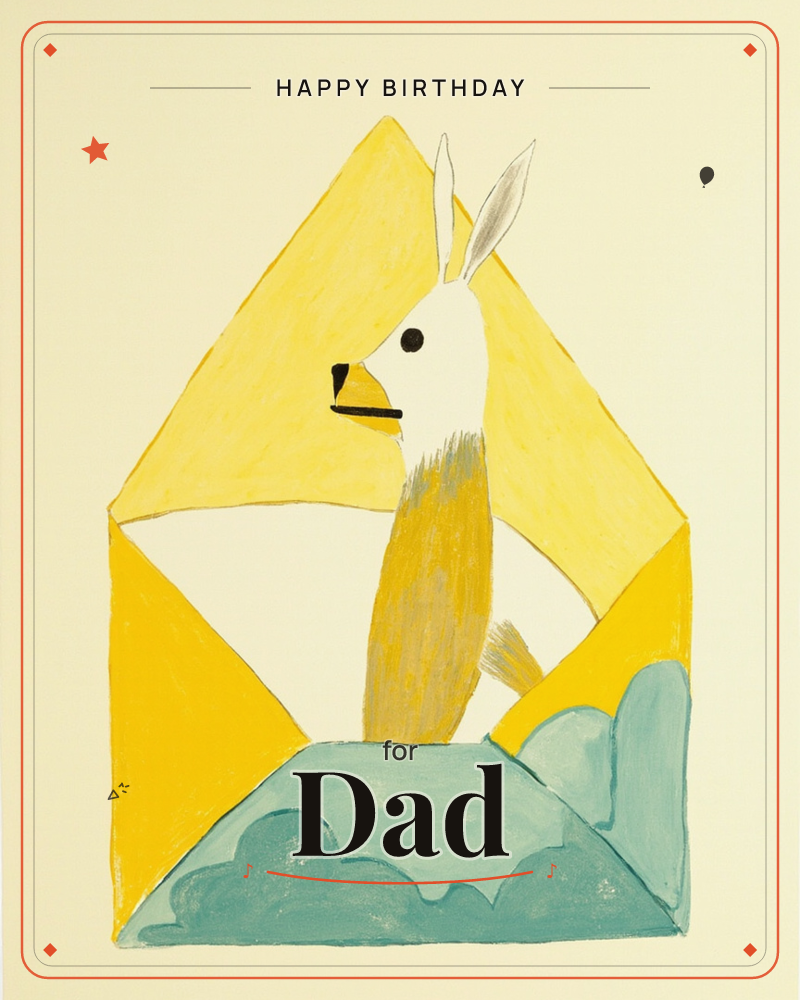 A whimsical hybrid creature with a rabbit's ears and face and a bird's feathered body peeks out from an open yellow envelope, its flap folded back like…, a birthday e-card design