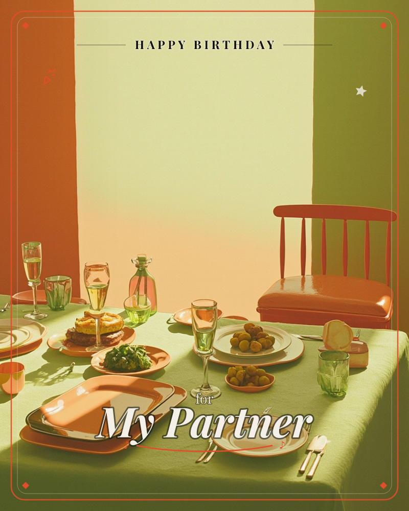 A dinner table dressed in a green cloth sits against a bold striped backdrop of rust, cream and olive, glowing with warm studio light, a birthday e-card design