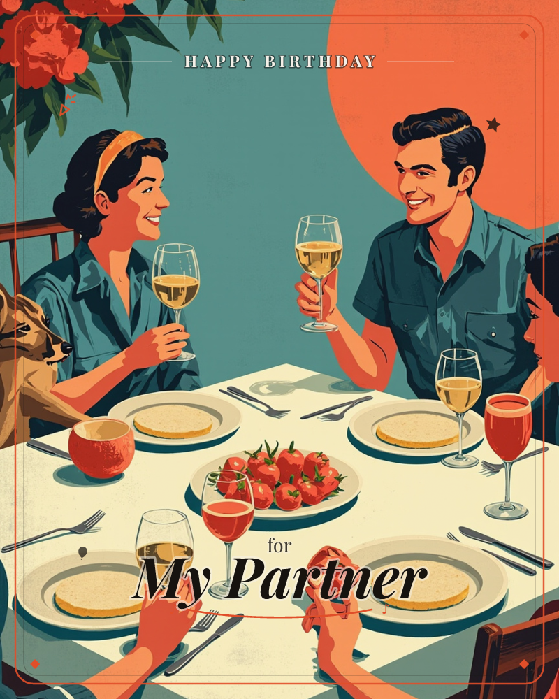A retro-styled illustration shows friends gathered around a set dinner table, raising wine glasses in a toast beneath a giant orange sun-like circle…, a birthday e-card design