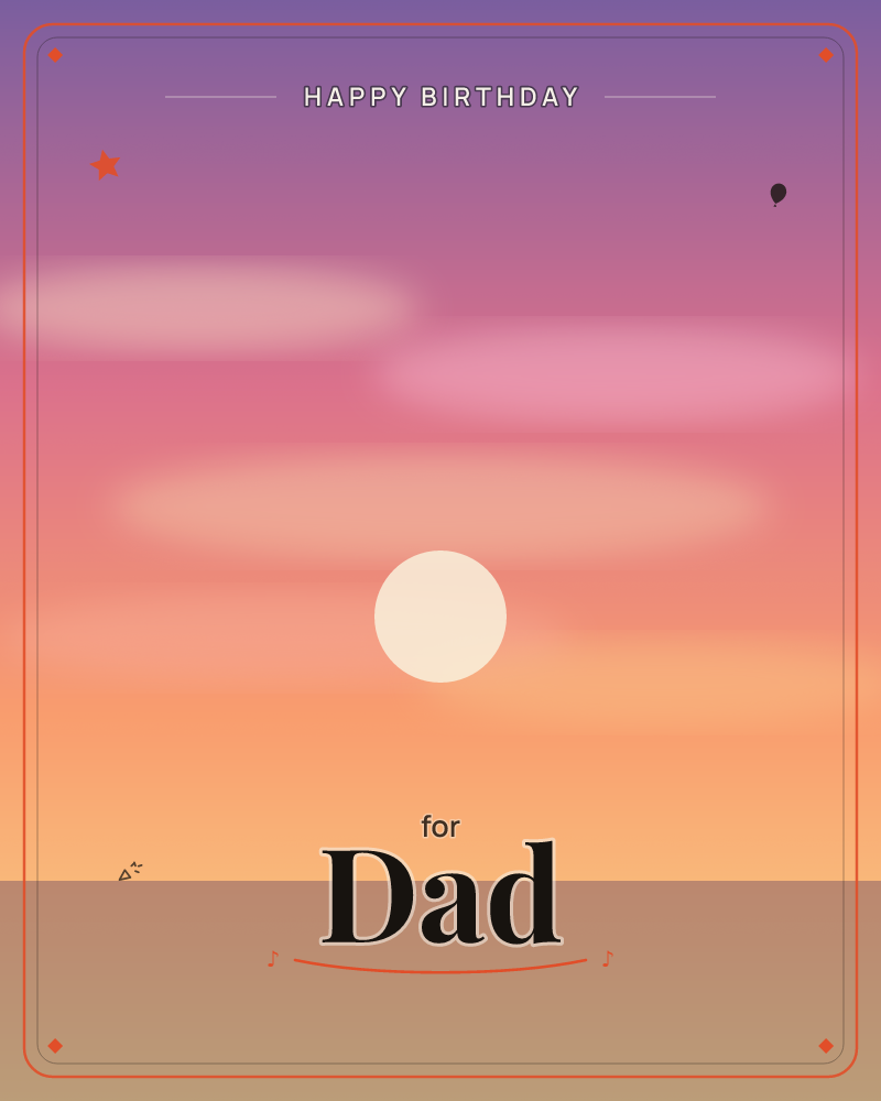A soft gradient sunset fills the card, sinking from deep purple at the top through pink and coral to a warm amber glow near the horizon, a birthday e-card design by @DittyCityTeam