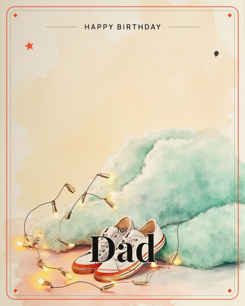 A pair of white sneakers with red-striped soles sits atop a soft mint-green cloud-like watercolour form, strung with a loose loop of vintage bulb…, a birthday e-card design