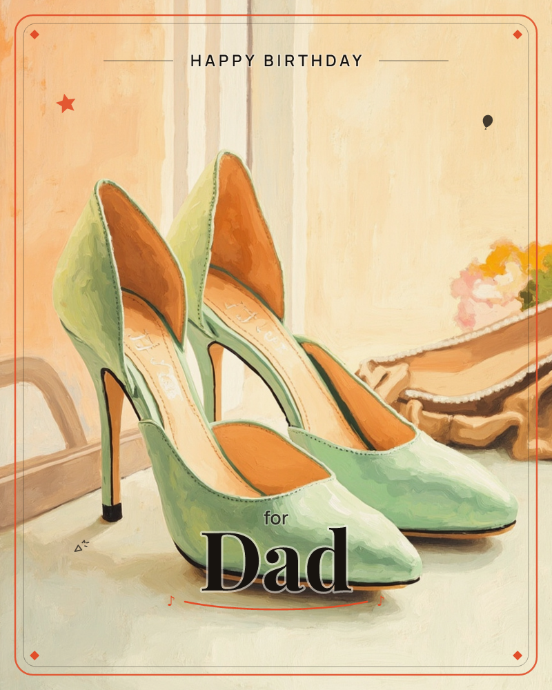 A pair of mint-green pointed heels sits on a pale floor beside a warm peach wall, with a fabric bag and small floral bouquet blurred in the background, a birthday e-card design