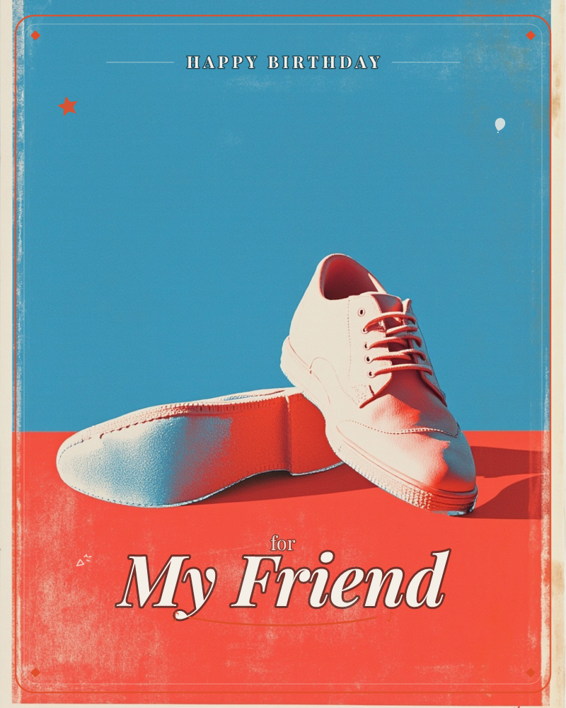 A pair of laced shoes rests tumbled on their side against a flat sky-blue backdrop and a bold red-orange ground, printed in a gritty screen-print texture, a birthday e-card design