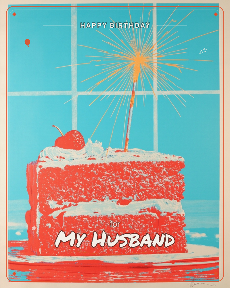 A bold pop-art style print shows a thick slice of red cake with white frosting between the layers, topped with a bright red cherry and a single lit…, a birthday e-card design