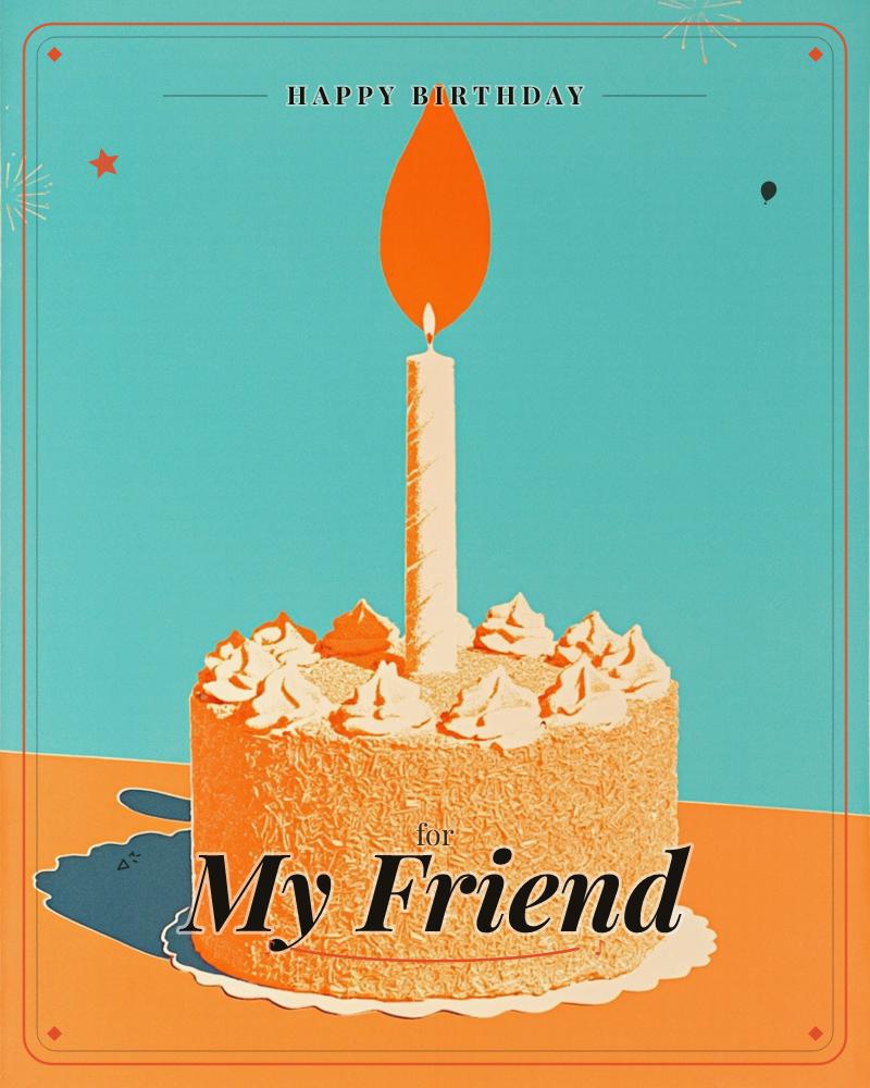 A single frosted cake sits on a paper doily with one oversized candle burning bright orange against a split turquoise-and-orange background, a birthday e-card design