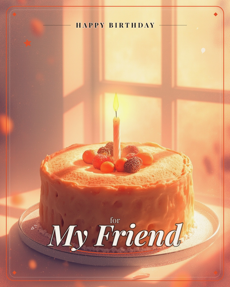 A single frosted cake sits on a plate before a sunlit windowpane, its cream-coloured icing glowing gold in the afternoon light, a birthday e-card design
