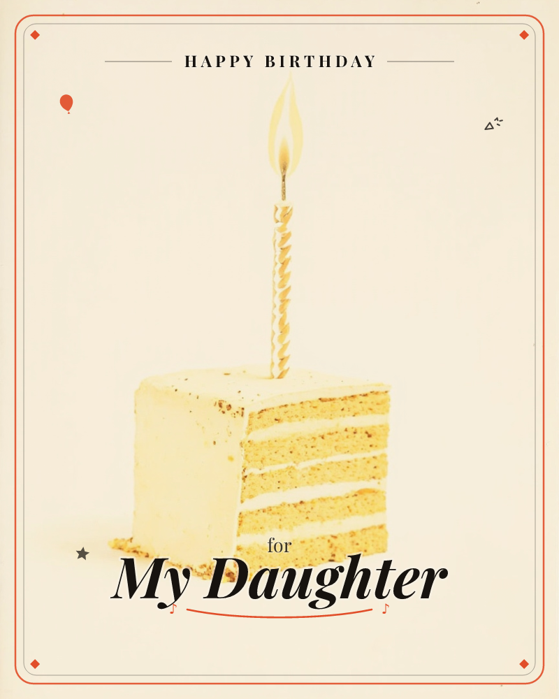 A single square slice of layered yellow cake sits against a plain cream background, its five soft layers stacked beneath thick buttercream frosting, a birthday e-card design