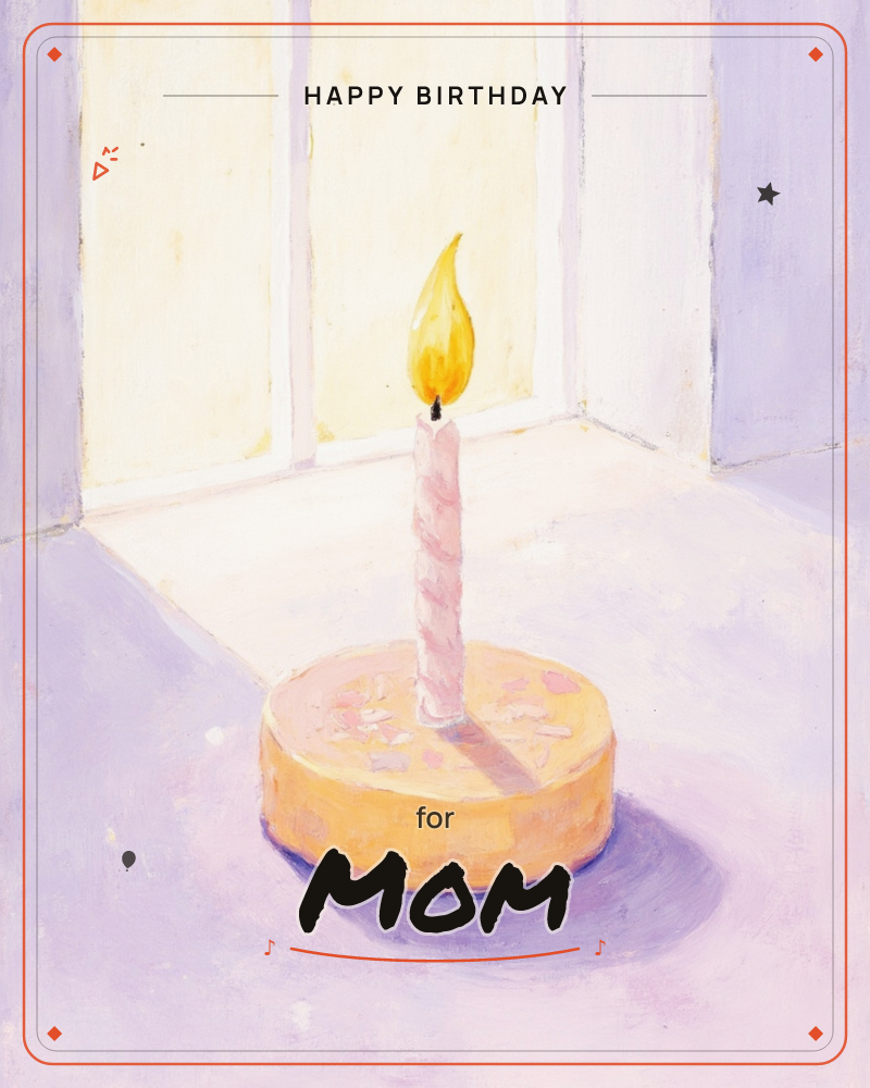 A single striped candle burns atop a small round cake set on a lavender tabletop, its flame glowing gold against a window washed with soft afternoon light, a birthday e-card design