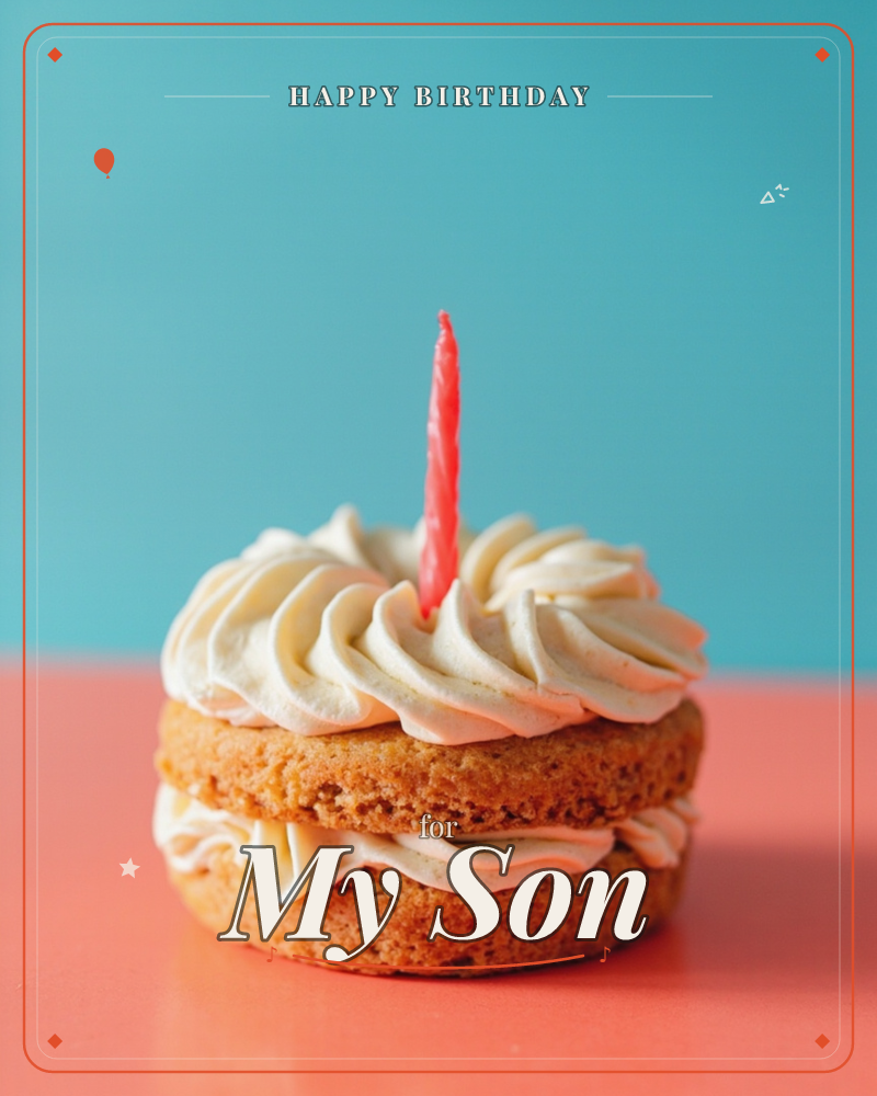 A small layered cake sits alone on a coral-pink surface against a bright turquoise backdrop, its swirled buttercream top topped with a single unlit…, a birthday e-card design
