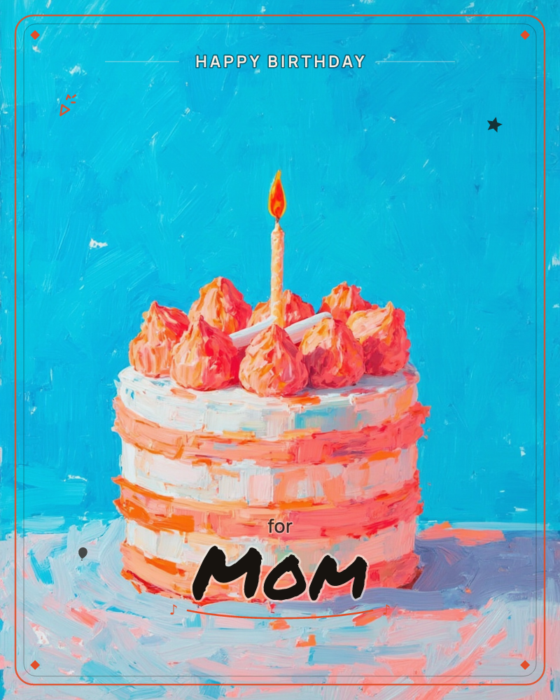 A bold painterly illustration shows a single-tiered cake iced in coral and white, topped with a ring of piped rosettes and one lit candle, set against…, a birthday e-card design