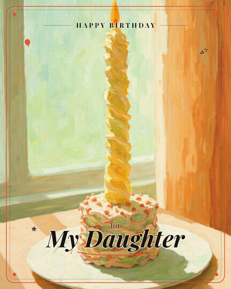 A small round cake with pale frosting and scattered red sprinkles sits on a white plate near a sunlit window, a single tall spiral candle rising above…, a birthday e-card design