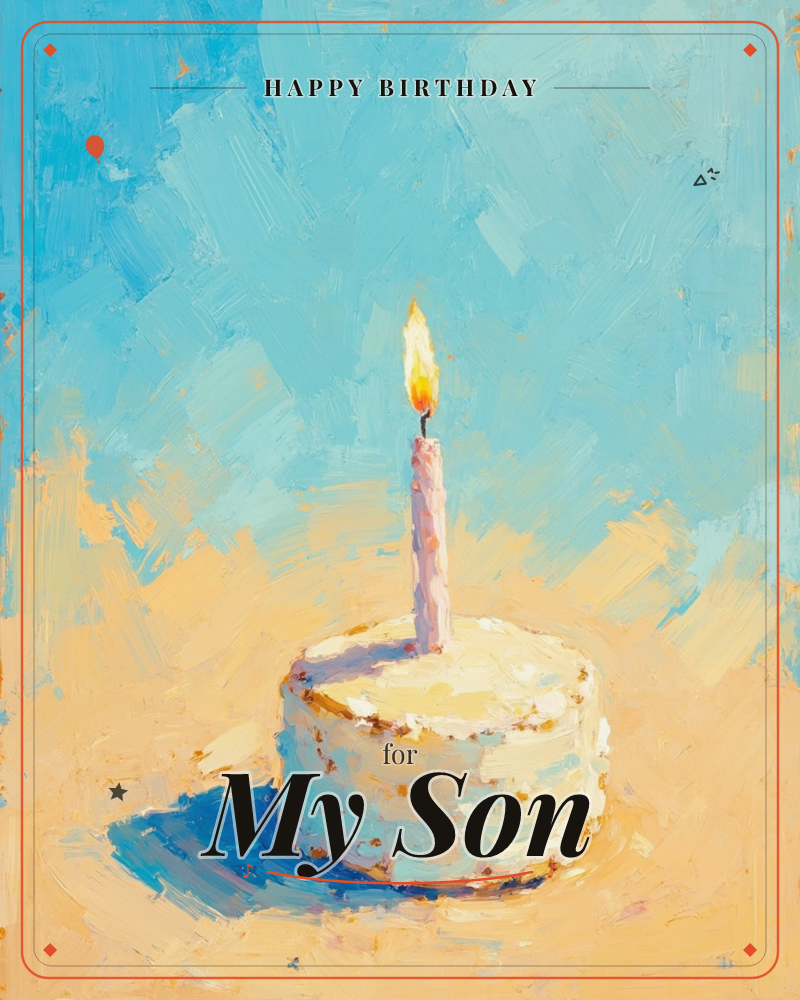 A small round cake with white icing sits on a sunlit surface, a single pink candle burning at its center, a birthday e-card design