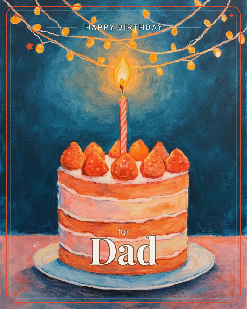 A layered strawberry cake sits on a pale blue plate against a deep teal background, topped with a single striped candle glowing warmly beneath strings…, a birthday e-card design
