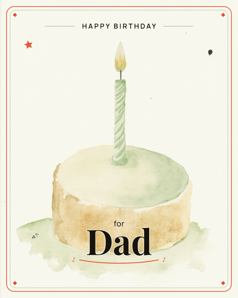 A single round cake sits on a soft green-shadowed surface, its top iced pale sage and its sides left a warm honeyed brown, a birthday e-card design