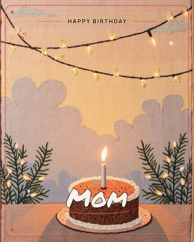 An embroidered chocolate cake with piped white icing sits on a table beneath a dusky, cloud-textured sky stitched in soft mauve and amber, a birthday e-card design