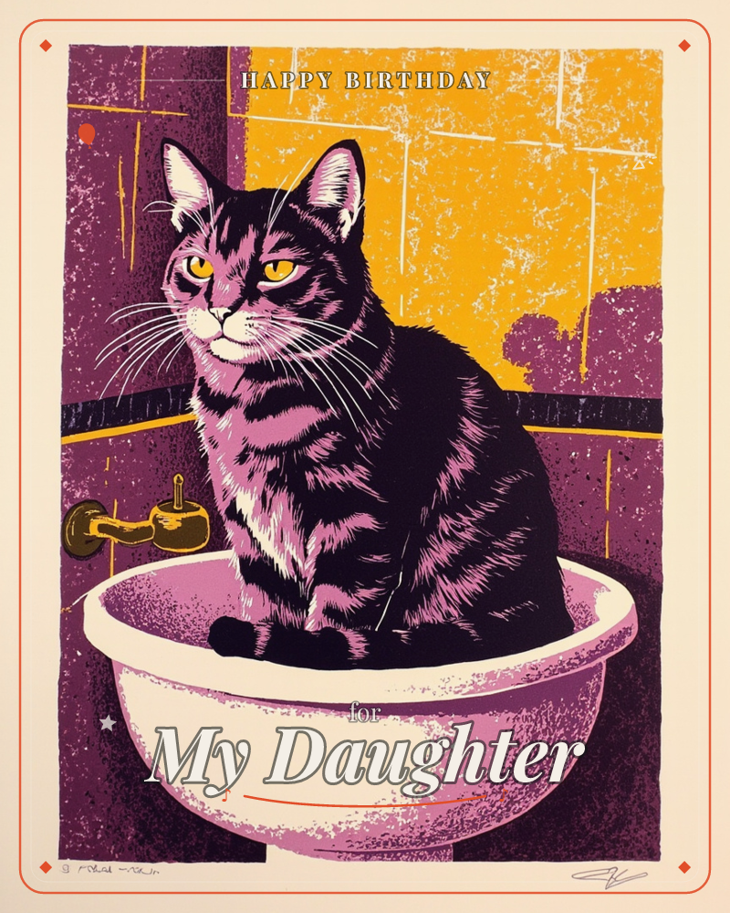 A striped tabby cat sits curled inside a white bathroom sink, staring out with unimpressed amber eyes, a birthday e-card design