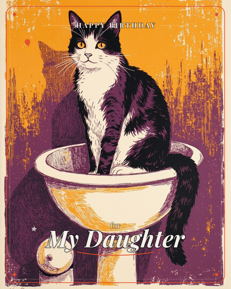 A black-and-white tuxedo cat sits perched inside a pedestal sink basin, tail curling down over the rim, painted in bold woodcut-style strokes against a…, a birthday e-card design