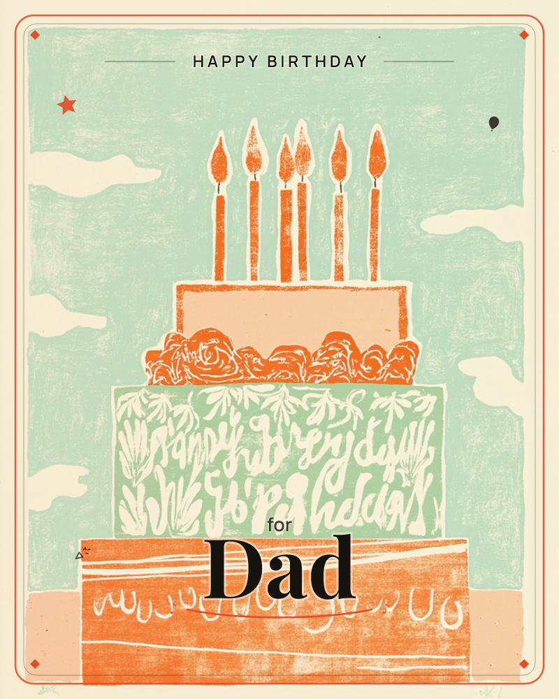 A three-tiered birthday cake stands against a mint-green sky dotted with pale scalloped clouds, its middle tier lettered with 'happy birthday' in a…, a birthday e-card design