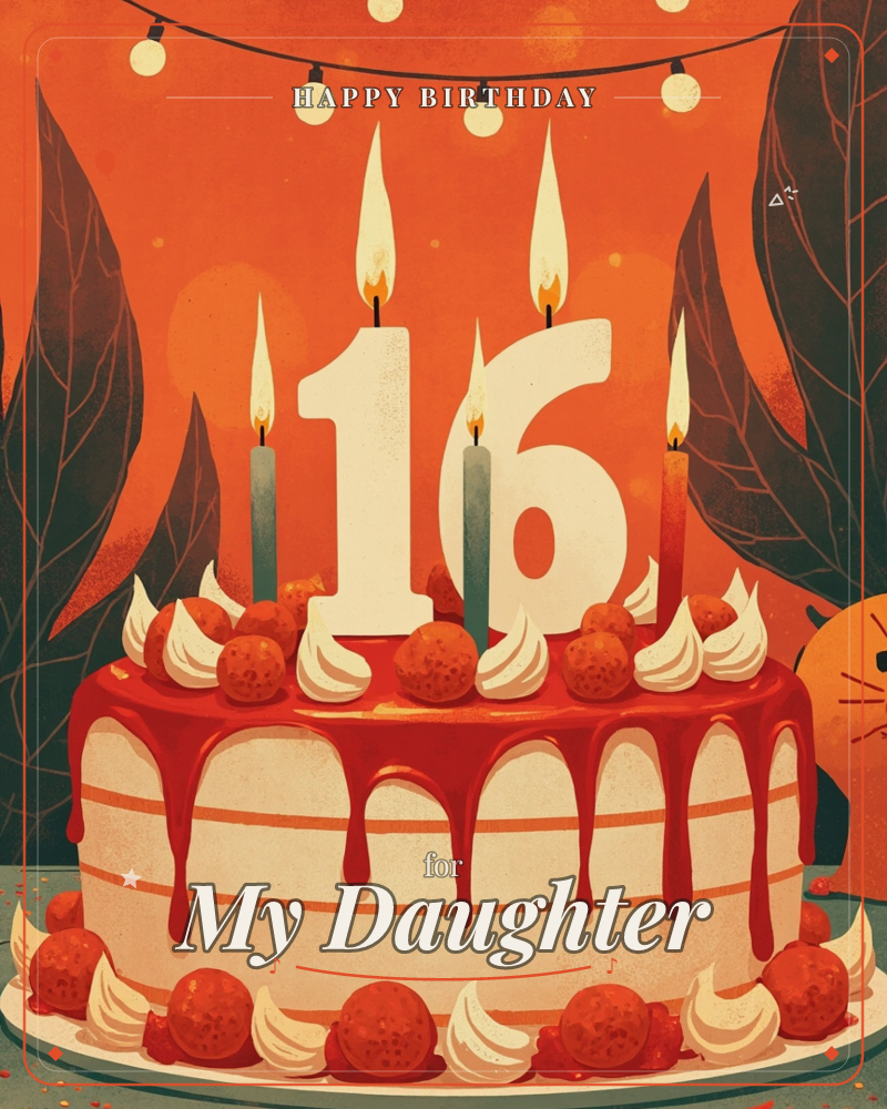 A drippy red-glazed cake sits topped with whipped swirls and berry-like fruit, lit by tall thin candles and a bold '16' numeral candle, a birthday e-card design
