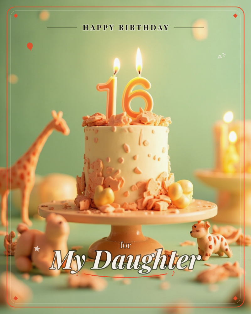 A small cream-frosted cake sits on a pedestal stand, topped with two lit candles forming the number 16 and scattered with peach-toned crumbs and…, a birthday e-card design