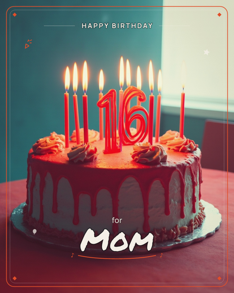 A round cake with white frosting and a red glaze dripping down the sides sits on a red tablecloth, topped with piped rosettes, a glowing red '16'…, a birthday e-card design